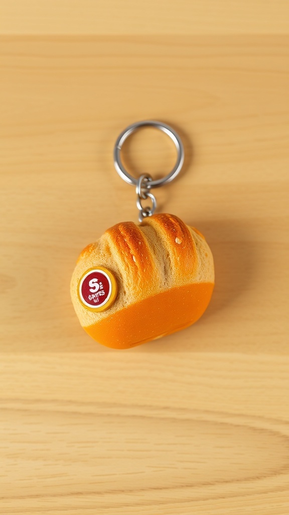 A close-up of a miniature bread keychain shaped like a loaf, attached to a keyring on a wooden table.